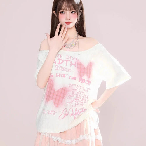Load image into Gallery viewer, Skew Collar Off Shoulder Plaid Patchwork T Shirts Women Summer Butterfly Printing T-skirt Harajuku Casual Grunge Drawstring Tops
