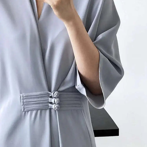 Load image into Gallery viewer, Women Black Buckle Long Elegant Dress New Round Neck Three-quarter Sleeve Loose Fit Fashion Spring Autumn 2025 1DE7880
