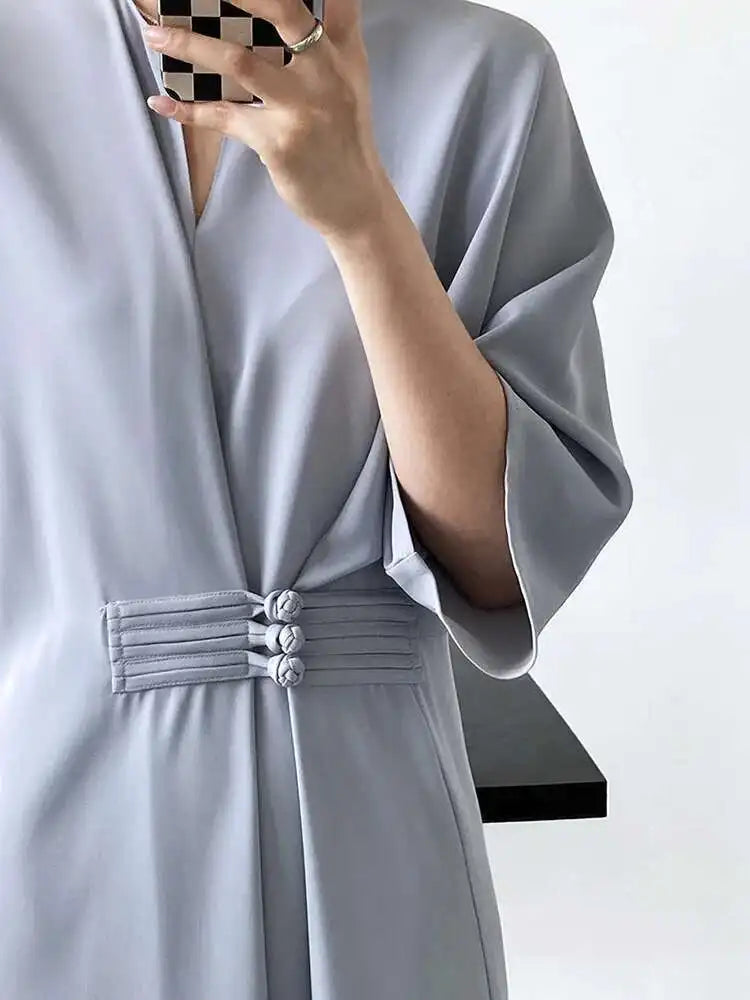 Women Black Buckle Long Elegant Dress New Round Neck Three-quarter Sleeve Loose Fit Fashion Spring Autumn 2025 1DE7880