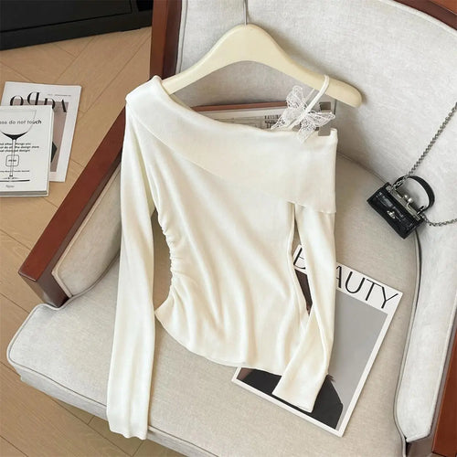 Load image into Gallery viewer, Spring Elegant Blue Pink Long Sleeve Versatile Slim Pullover Tops Fashion Women's Off Shoulder Pleated Knit Sweater Simplicity
