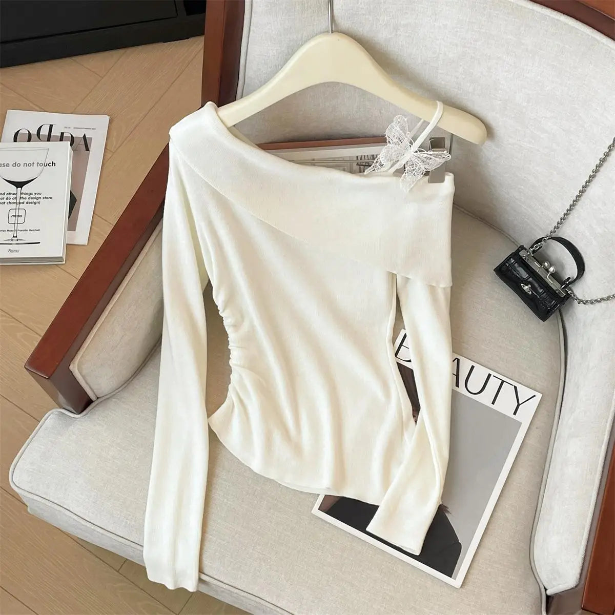 Spring Elegant Blue Pink Long Sleeve Versatile Slim Pullover Tops Fashion Women's Off Shoulder Pleated Knit Sweater Simplicity