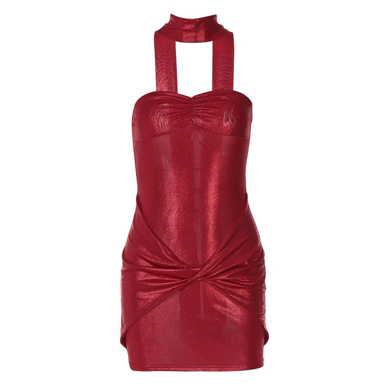 Halter Strapless Ruched Sexy Mini Dress For Women Robe Fashion Solid Off-shoulder Backless Sleeveless Club Dress New