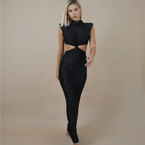 Load image into Gallery viewer, Hollow Out Turtleneck Sexy Maxi Dress For Women Fashion Solid Sleeveless Bodycon Tank Dresses Femme Club Party Dress
