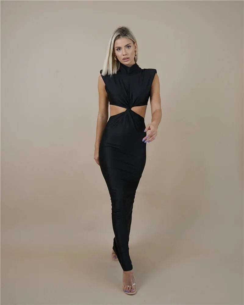 Hollow Out Turtleneck Sexy Maxi Dress For Women Fashion Solid Sleeveless Bodycon Tank Dresses Femme Club Party Dress