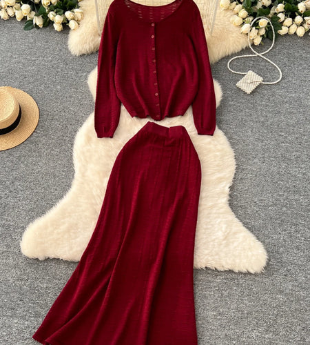 French Vintage Two Piece Sets Women Solid Round Neck Long Sleeve Single Breasted Short Knit Tops And High Waist Fishtail Skirts