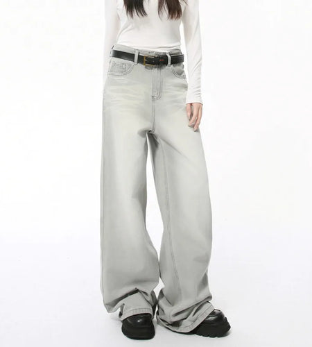 Loose Casual Men's Denim Pants New Cat Beard Washed Grinding White Light Grey Straight Wide Leg Jeans Four Seasons 9C4276