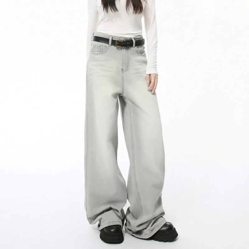 Loose Casual Men's Denim Pants New Cat Beard Washed Grinding White Light Grey Straight Wide Leg Jeans Four Seasons 9C4276