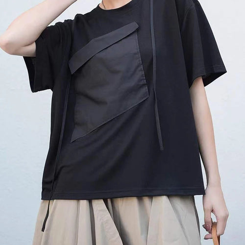 Load image into Gallery viewer, Women White Pocket Color-block Big Size T-shirt New Round Neck Short Sleeve Fashion Tide Spring Summer 2025 1DJ0213
