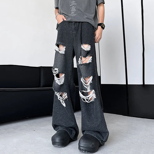 Load image into Gallery viewer, Korean Style Male Jeans Loose Hole Jacquard Pockets Straight Leg Casual Solid Color Men&#39;s Denim Pants New Fashion 9C6572
