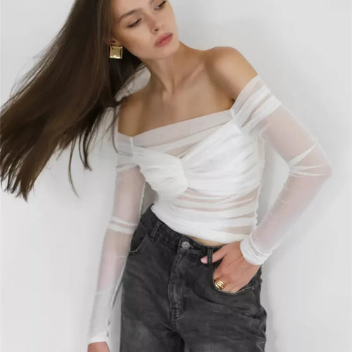 Load image into Gallery viewer, Summer Mesh Off-shoulder T-shirt Women Fashion Pleated Bust Backless Tees Tops Female Elegant Strapless See Through Top

