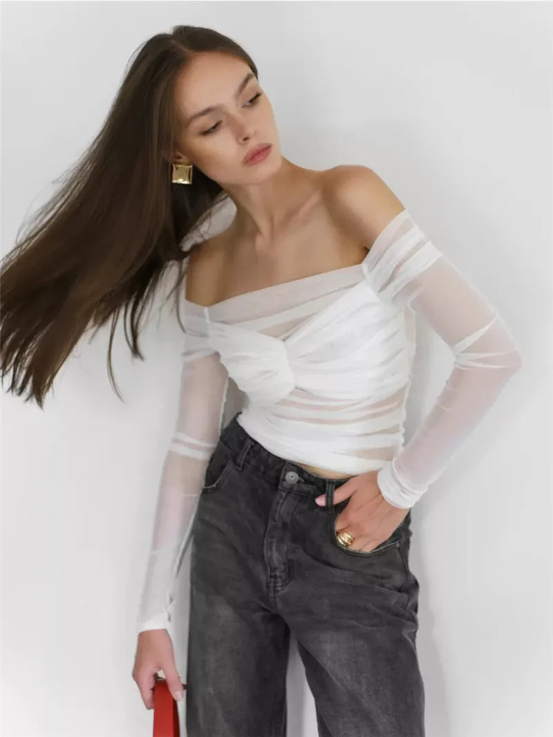 Summer Mesh Off-shoulder T-shirt Women Fashion Pleated Bust Backless Tees Tops Female Elegant Strapless See Through Top