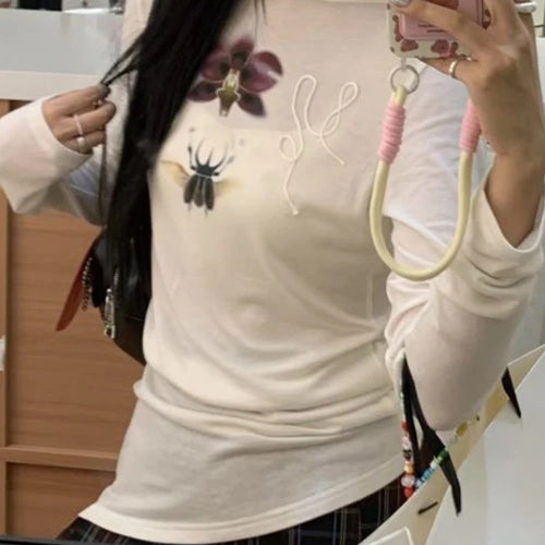 Load image into Gallery viewer, Y2k Aesthetic Flower Printing Casual Tshirts Women Harajuku Slim Fit Embroidery Tees 2025 Spring Grunge Slash Neck Simple Tops
