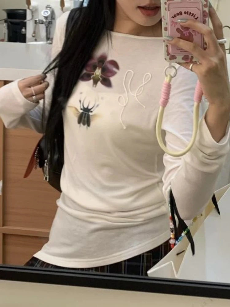 Y2k Aesthetic Flower Printing Casual Tshirts Women Harajuku Slim Fit Embroidery Tees 2025 Spring Grunge Slash Neck Simple Tops