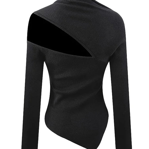 Load image into Gallery viewer, Irregular Solid Hollow Out Slimming Sweaters For Women Diagonal Collar Long Sleeve Minimalist Pullover Sweater Female

