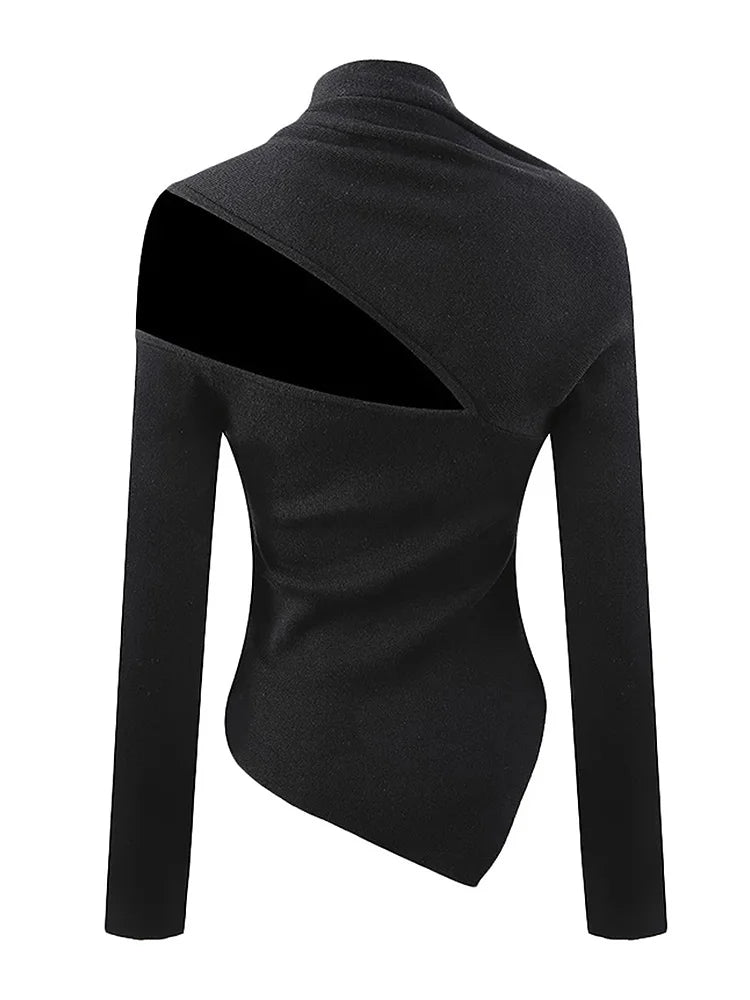 Irregular Solid Hollow Out Slimming Sweaters For Women Diagonal Collar Long Sleeve Minimalist Pullover Sweater Female