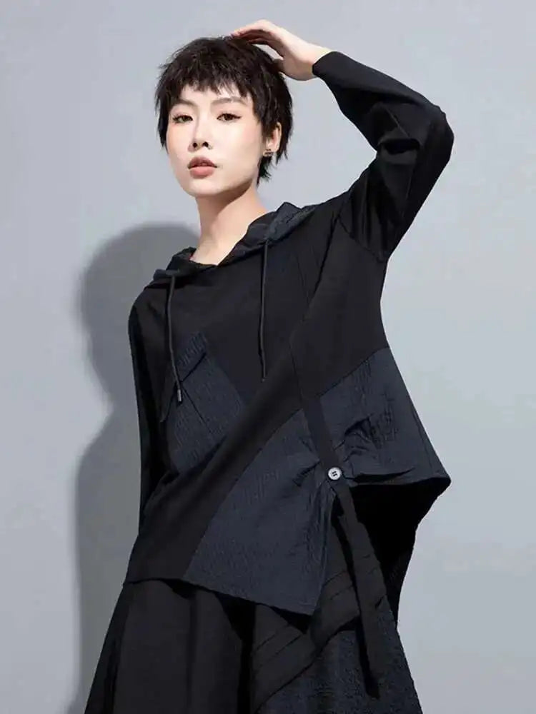 Women White Irregular Ribbon Big Size Casual T-shirt New Hooded Long Sleeve Fashion Tide Spring Autumn 2025 1DH0999