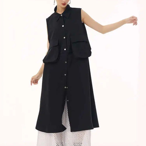 Load image into Gallery viewer, Women Black Shaped Pockets Big Size Midi Shirt Vest Dress New Lapel Sleeveless Fashion Tide Spring Autumn 2025 1DH9471
