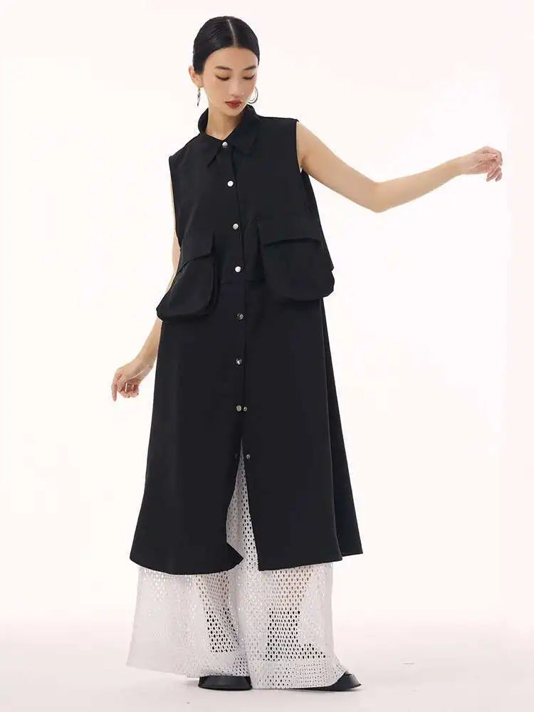 Women Black Shaped Pockets Big Size Midi Shirt Vest Dress New Lapel Sleeveless Fashion Tide Spring Autumn 2025 1DH9471