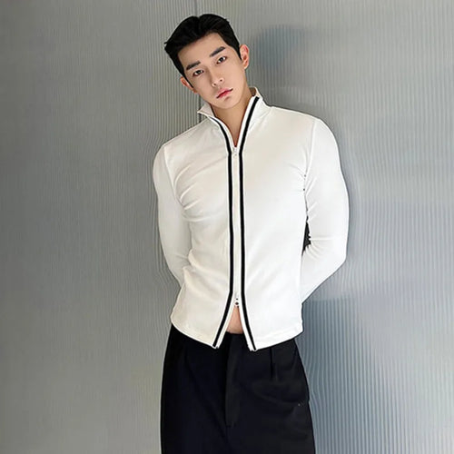 Load image into Gallery viewer, Korean Style Long Sleeve T-shirt Fashion Men&#39;s Clothing Versatile Double Zipper High Collar Cardigan Elgance Male 9C2954
