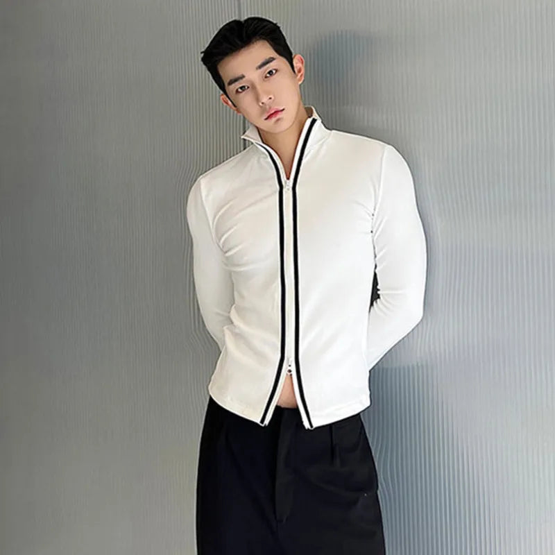 Korean Style Long Sleeve T-shirt Fashion Men's Clothing Versatile Double Zipper High Collar Cardigan Elgance Male 9C2954