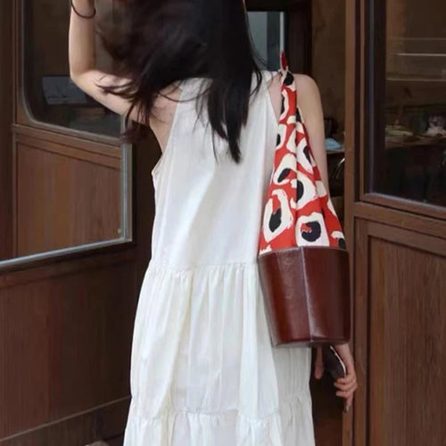 Load image into Gallery viewer, White Elegant Sleeveless Spaghetti Strap Women&#39;s Dresses French Style Solid Color O-neck Maxi Dress Fashion Streetwear
