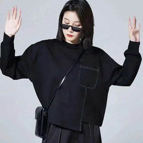 Load image into Gallery viewer, Women Black Topstitched Big Size Irregular T-shirt New Round Neck Long Sleeve Fashion Tide Spring Autumn 2025 1DF0629
