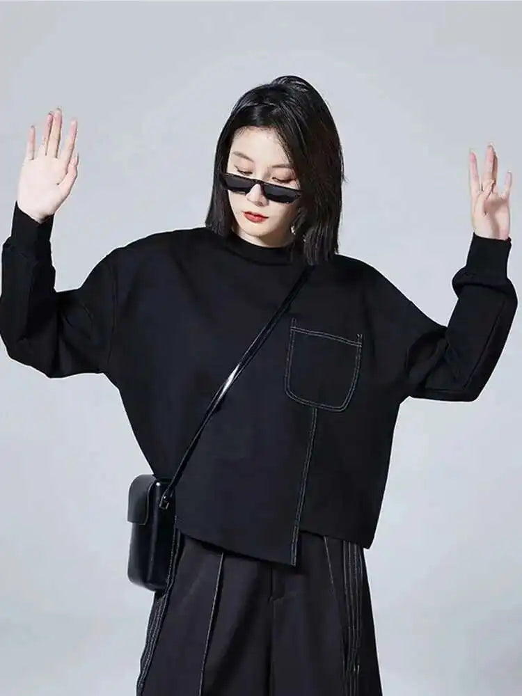 Women Black Topstitched Big Size Irregular T-shirt New Round Neck Long Sleeve Fashion Tide Spring Autumn 2025 1DF0629