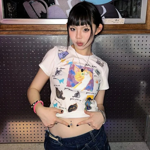 Load image into Gallery viewer, Japanese Y2k Cat Print T-shirt Trashy 2000s Style Crop Top Vintage Harajuku Short Sleeve Tee Shirt American Retro 90s
