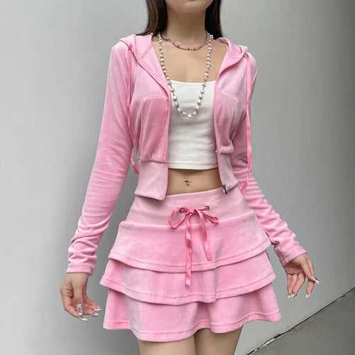 Load image into Gallery viewer, Cutecore Sweet Pink Velour Autumn Skirt Women Korean Shirring High Waist A-Line Skirts Mini Three-Layer Birthday
