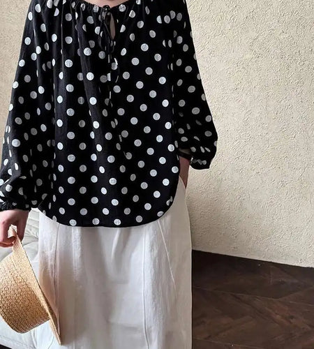 Women Black Dot Printed Big Size Elegant Blouse New Round Neck Long Sleeve Shirt Fashion Tide Spring Autumn 2025 1DH9976