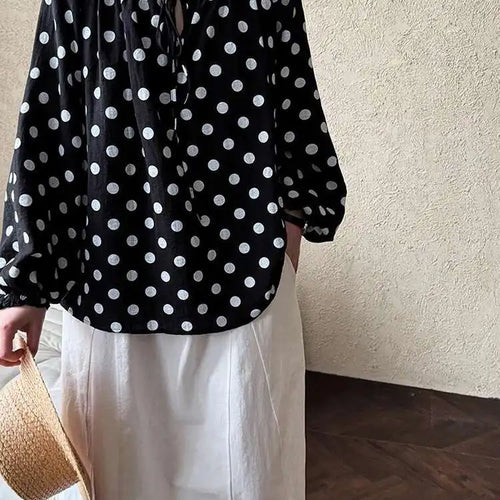 Load image into Gallery viewer, Women Black Dot Printed Big Size Elegant Blouse New Round Neck Long Sleeve Shirt Fashion Tide Spring Autumn 2025 1DH9976
