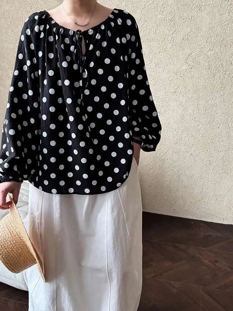 Women Black Dot Printed Big Size Elegant Blouse New Round Neck Long Sleeve Shirt Fashion Tide Spring Autumn 2025 1DH9976
