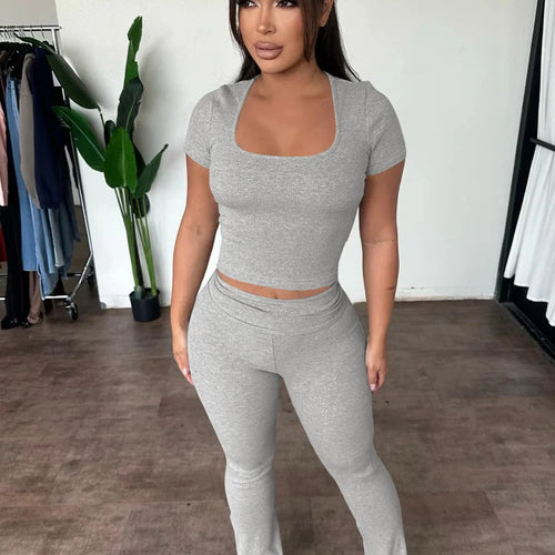 Load image into Gallery viewer, Ribbed 2 Piece Sets Solid Square Collar Short Sleeve Sexy Crop T-Shirt Pants Summer Women Casual Outfits Sport Vacation
