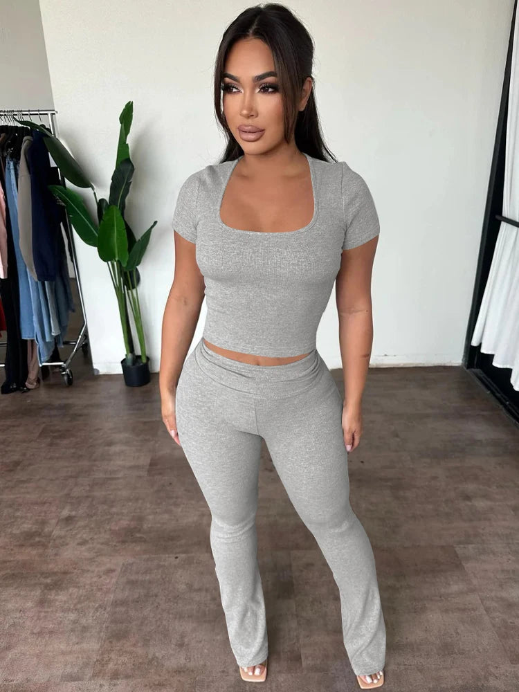 Ribbed 2 Piece Sets Solid Square Collar Short Sleeve Sexy Crop T-Shirt Pants Summer Women Casual Outfits Sport Vacation