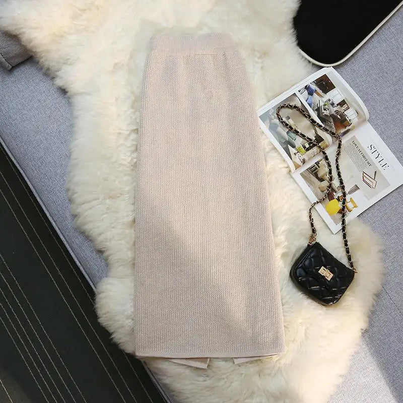 Fashion Elegant Casual Skirts Women Autumn Winter New High Waist Knitted Split Long Solid Color Skirt Keep Warm Thicken Female