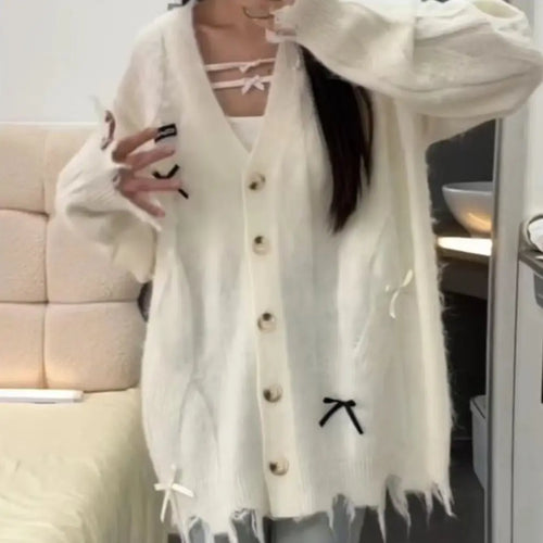 Load image into Gallery viewer, Loose Sweet Y2k Aesthetic Casual Cardigans Autumn Korean Fashion Bow Knitted Sweaters Hole Streetwear Women Grunge Coats 2025
