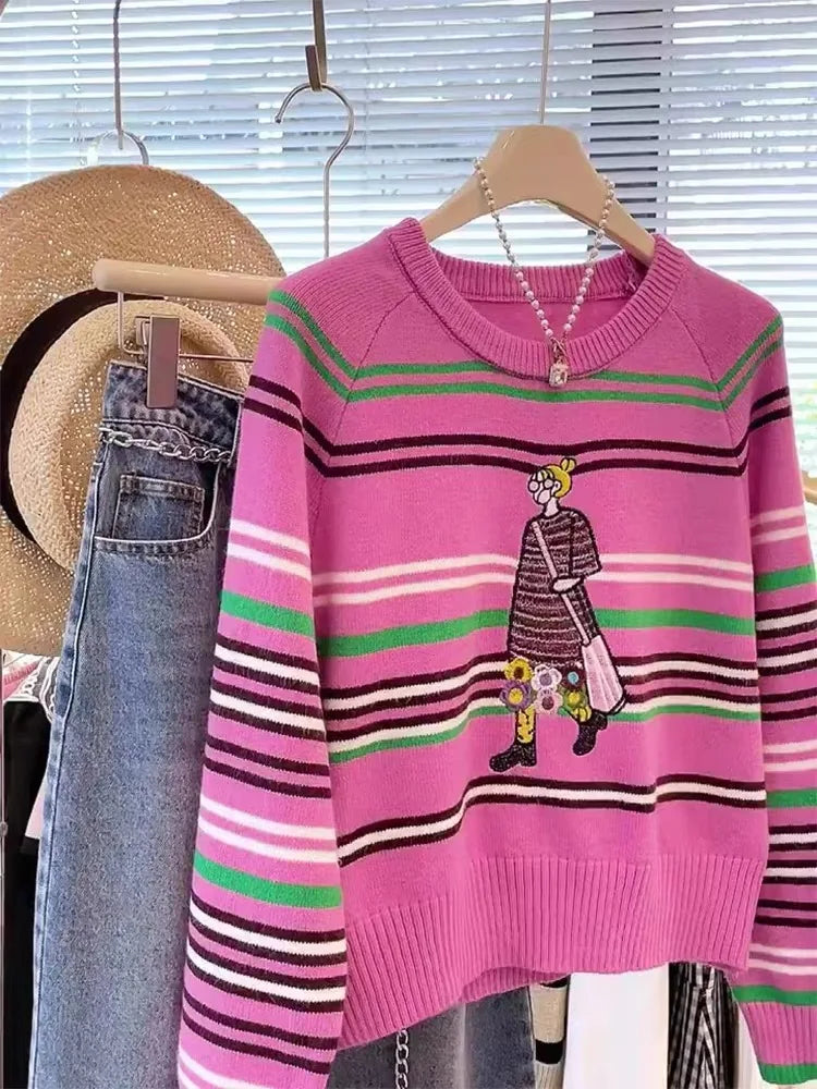 Kawaii Cartoon Girl Embroidery Knitted Pullover Sweater Women All Match Striped Sweater Jackets C-185
