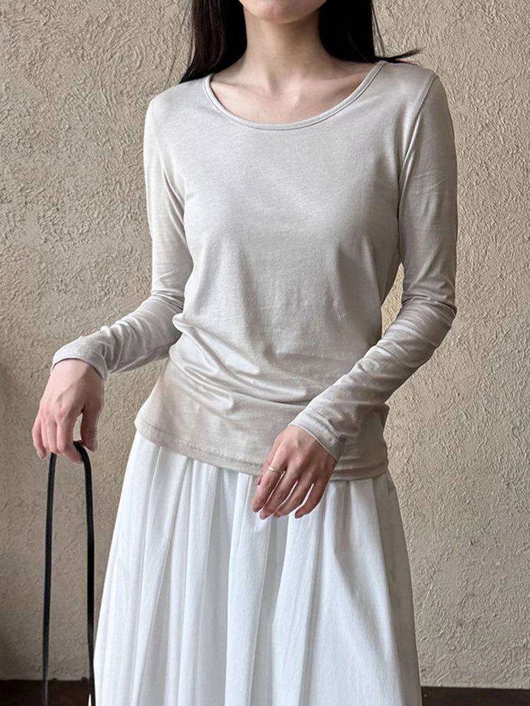 Women Gray Back Perspective Pleated Elegant Slim T-shirt New Round Neck Long Sleeve Fashion Spring Autumn 2025 1DJ0819