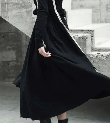 High Elastic Waist Black Linen Color-block A-line Strap Half-body Skirt Women Fashion Tide New Spring Autumn 2025 LA923