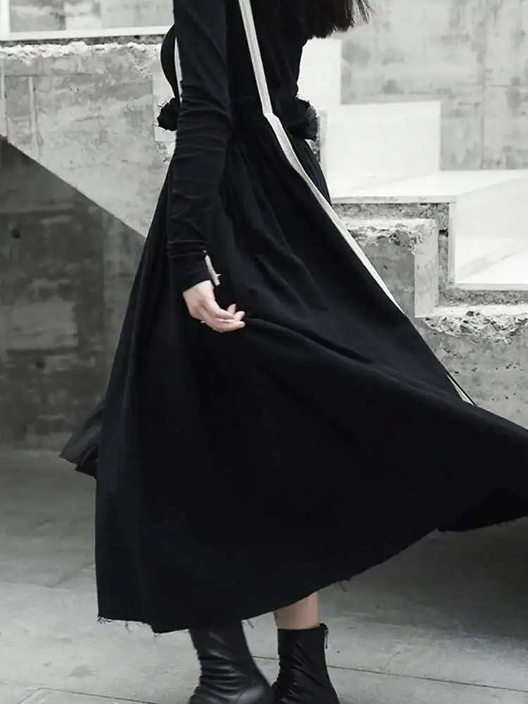 High Elastic Waist Black Linen Color-block A-line Strap Half-body Skirt Women Fashion Tide New Spring Autumn 2025 LA923