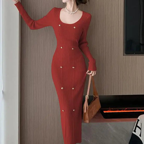 Load image into Gallery viewer, Autumn Winter French Fashion Long Sleeves Knitted Dresses Women's Elegant Square Neck Office Lady Wrap Hip Dress Simplicity Slim
