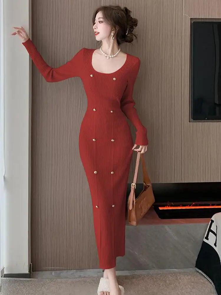 Autumn Winter French Fashion Long Sleeves Knitted Dresses Women's Elegant Square Neck Office Lady Wrap Hip Dress Simplicity Slim