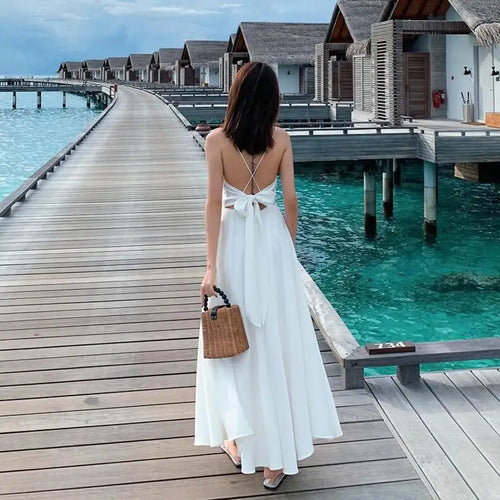 Load image into Gallery viewer, Evening Party Women Dress Cross V Neck Sexy Off Shoulder Beach Style Spaghetti Strap Dress Slim Backless Sexy Robe Femme Holiday
