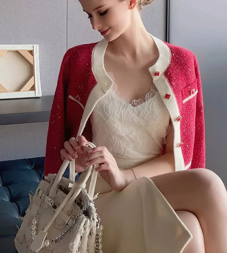 Women Knit Cardigan Christmas New Year Long Sleeves O Neck Slim Fit Sweaters with Button Contrast Color Casual Chic Tops C-049