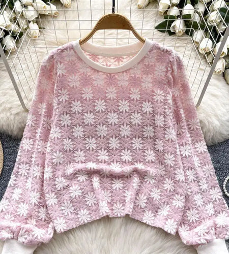 Korean Women's Flower Patchwork Round Neck Hollow Out Crochet Short Sweater Autumn New Long Sleeve Pullover Top Popular Clothing