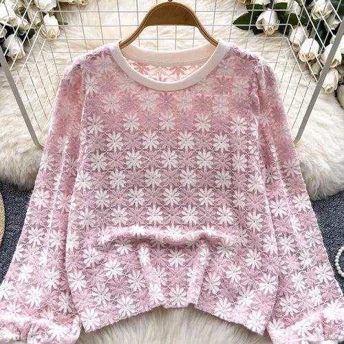 Load image into Gallery viewer, Korean Women's Flower Patchwork Round Neck Hollow Out Crochet Short Sweater Autumn New Long Sleeve Pullover Top Popular Clothing
