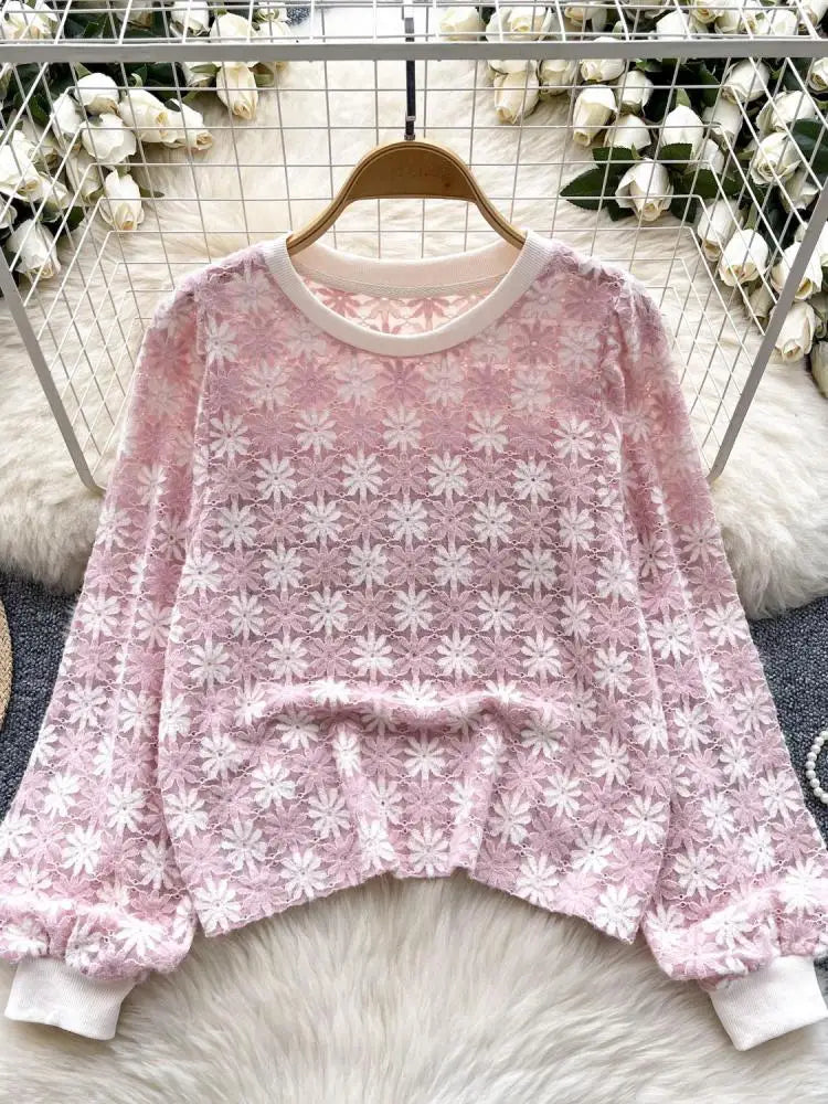 Korean Women's Flower Patchwork Round Neck Hollow Out Crochet Short Sweater Autumn New Long Sleeve Pullover Top Popular Clothing