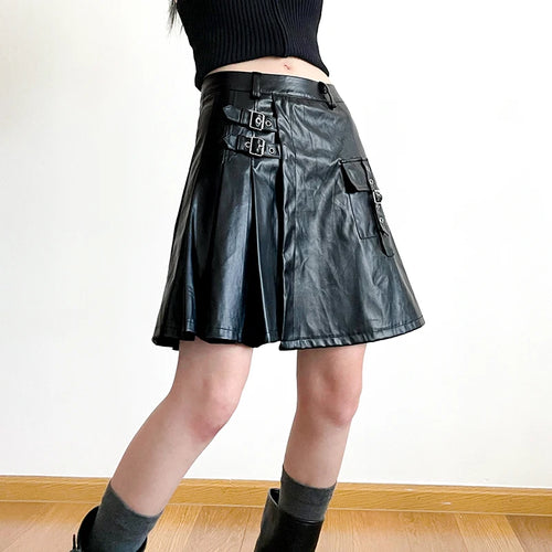 Load image into Gallery viewer, Streetwear Punk Black PU Leather Skirt Women Buckle Fold Fashion Party Pleated Skirt Gothic Dark Cargo Grunge Outfits
