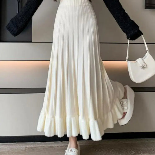 Load image into Gallery viewer, Korean Fashion Women Patchwork Ruffle Edge Knitted Long Skirts 2024 Autumn Winter Vintage High Waist Party A-line Pleated Skirt
