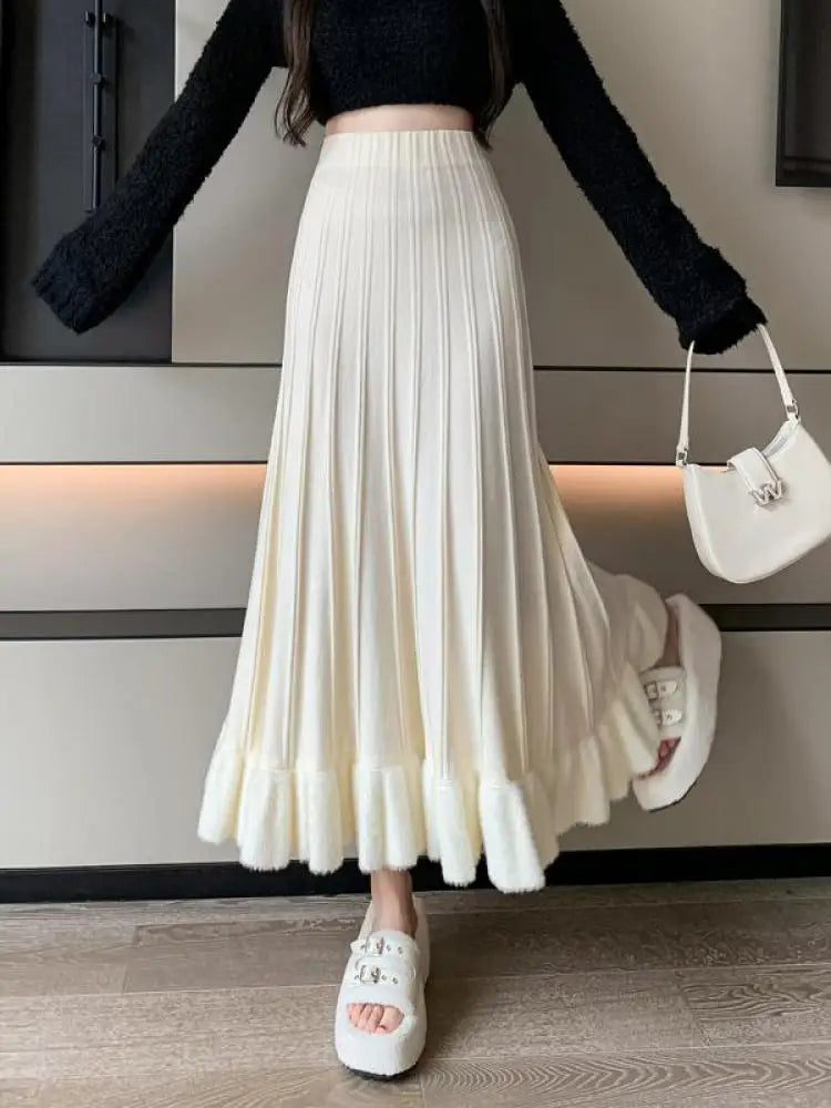 Korean Fashion Women Patchwork Ruffle Edge Knitted Long Skirts 2024 Autumn Winter Vintage High Waist Party A-line Pleated Skirt